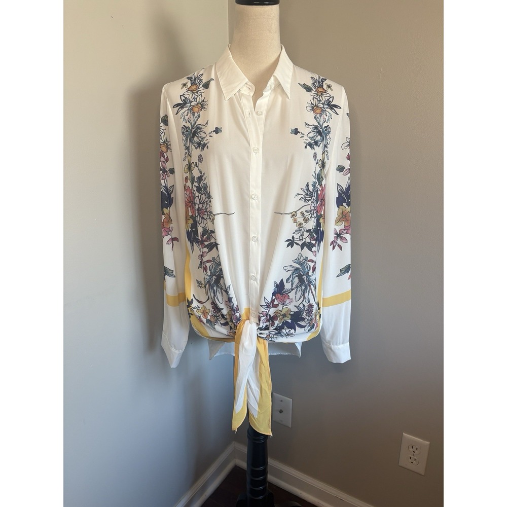 Sisters Semi-Sheer White Floral Blouse Tie Front CottageCore Coastal Boho Medium